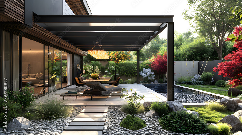 Obraz premium A modern house's summer terrace under a canopy, providing a comfortable and stylish outdoor living space for relaxation and entertainment.