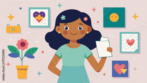 A young girl proudly hangs her paintings on the wall her creative outlet and form of selfcare boosting her confidence and sense of selfworth..