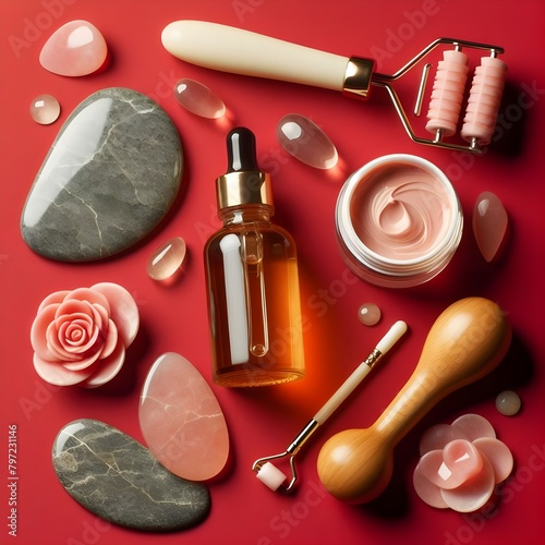 beauty treatment cosmetic set for dayl skin care routine. Single dose serum capsules. brauty oil in dropper bottle and rose quartz massage roller on red place photo