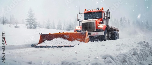 A snowplow or snow plow working to remove snow from a road after a winter storm. Winter road clearing