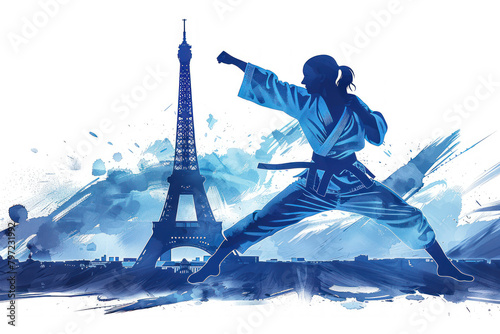 Blue watercolor paint of judo athlete in action by eiffel tower