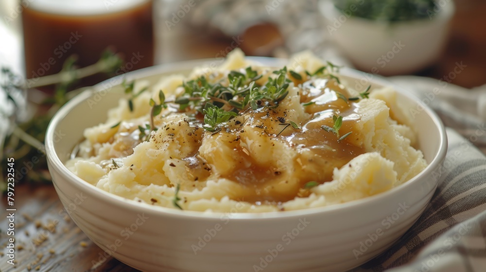 Wholesome mashed potatoes with gravy, prepared using reduced-fat margarine and non-dairy milk, served with light gravy made from low-sodium broth, studio setup Wholesome mashed potatoes with gravy, prepared using reduced-fat margarine and non-dairy milk, served with light gravy made from low-sodium broth, studio setup