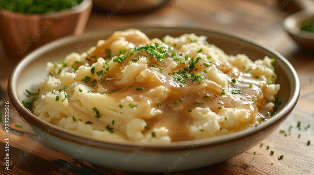 Wholesome mashed potatoes with gravy, prepared using reduced-fat margarine and non-dairy milk, served with light gravy made from low-sodium broth, studio setup Wholesome mashed potatoes with gravy, prepared using reduced-fat margarine and non-dairy milk, served with light gravy made from low-sodium broth, studio setup