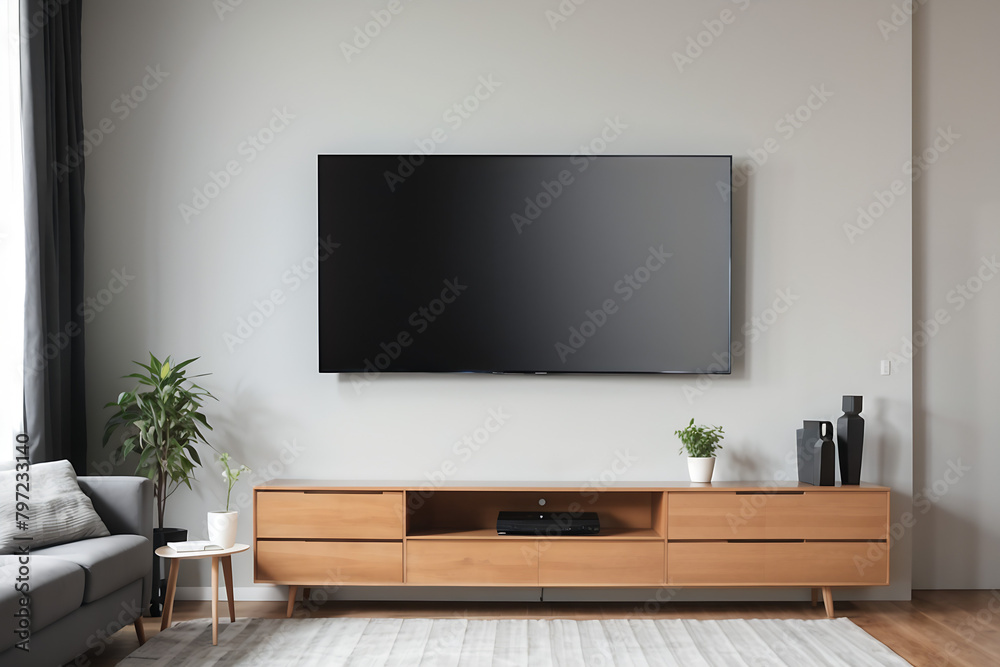 Blank modern flat screen TV hanging on wall in living room Blank modern flat screen TV hanging on wall in living room