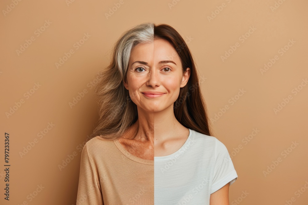 Divide nourishment supports womans anti aging cream uses, facially aging skin against human aging depictions, resiliently splitting facial contouring in visual arts.