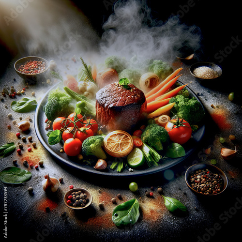 Gourmet Feast: A Sizzling Array of Fresh Vegetables and Juicy Steak (ID: 797233594)