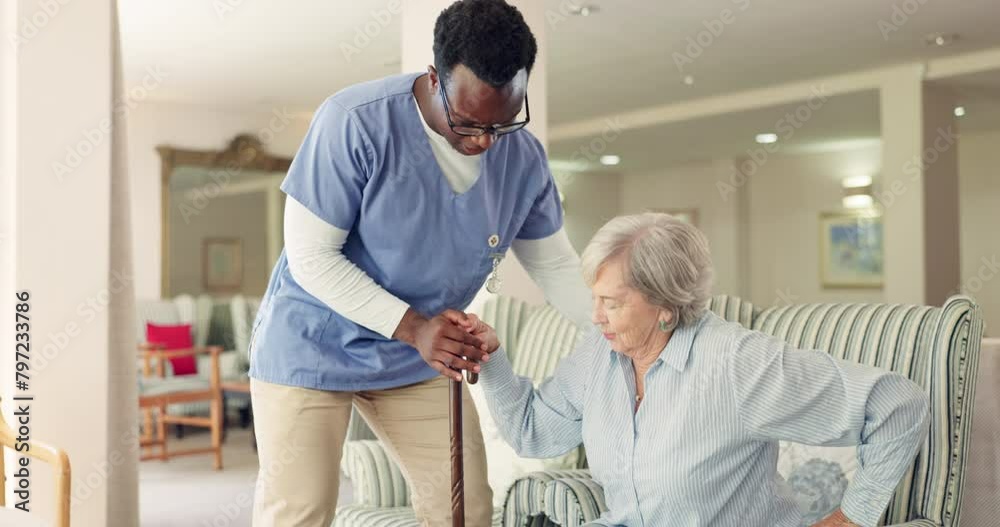 Nurse, elderly woman or walk in home, retirement or communication with support or medical care. Black man, caregiver or old lady with cane for rehabilitation or healthcare for person with disability