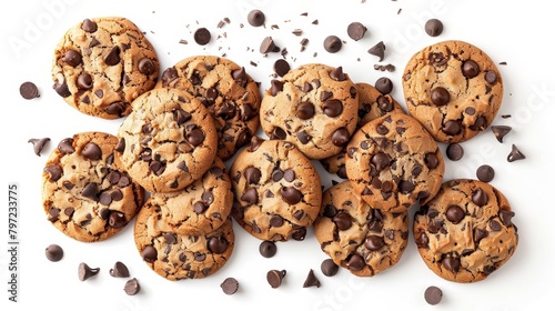 Wholesome chocolate chip cookies from above, made with fiber-rich flours and dark chocolate, sugar-cut recipe, on an isolated white background