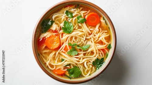 Wholesome Chicken Noodle Soup from above, rich in vegetables and fiber with whole wheat noodles, cooked in low-sodium broth, studio-lit isolated background