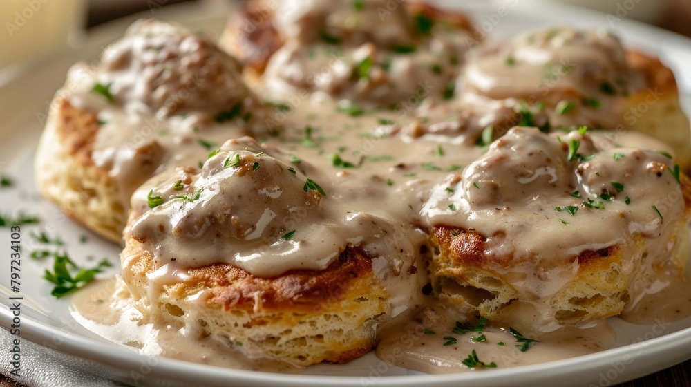 Wholesome biscuits with sausage gravy, made healthier with whole wheat, turkey sausage, and low-fat milk gravy, studio lighting, isolated backdrop Wholesome biscuits with sausage gravy, made healthier with whole wheat, turkey sausage, and low-fat milk gravy, studio lighting, isolated backdrop