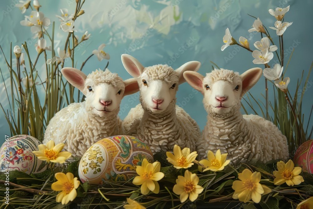 Fototapeta premium Easter art with 3 lambs. Sheep. Happy easter