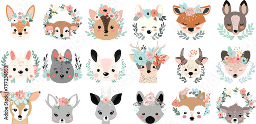 Cute animals heads with flower crown, vector illustrations for nursery design, poster, birthday greeting cards