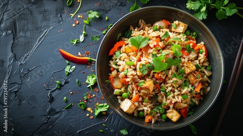 Vibrant top view of a wholesome fried rice dish using brown rice, packed with colorful vegetables and tofu, prepared with a hint of olive oil, isolated setting, studio lighting