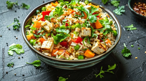 Vibrant top view of a wholesome fried rice dish using brown rice, packed with colorful vegetables and tofu, prepared with a hint of olive oil, isolated setting, studio lighting