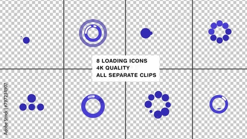 8 dynamic loading icon animation set: transparent individual clip in one pack. Animation of a loading spinning and popping up circles, Waiting for download, Buffering or preloading animation. photo