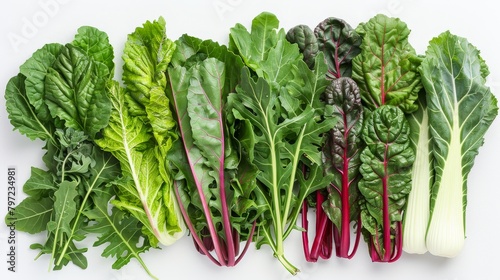 Vibrant overhead shot of leafy greens including arugula and Swiss chard, showcasing their freshness and health benefits, isolated background, studio lighting