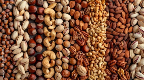 Vibrant display of mixed nuts, almonds, walnuts, pistachios, cashews, and Brazil nuts from above, showcasing their natural textures, isolated background photo