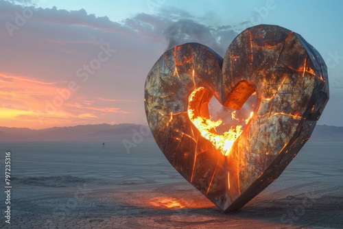 An isolated burning giant wooden heart figure in the middle of a desert during dusk 