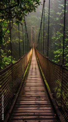 Serene, misty suspension bridge leading through a dense green forest