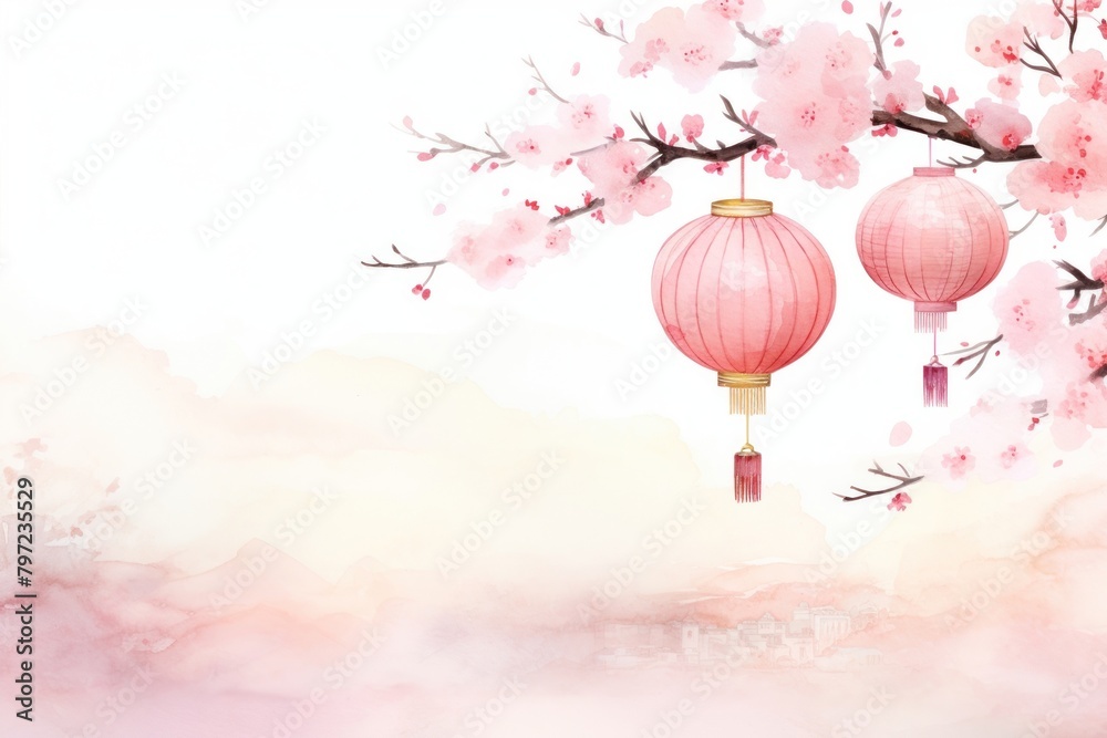 Obraz premium Chinese new year traditional painting blossom outdoors lantern.
