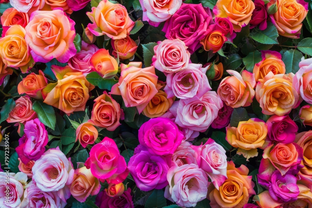 A bouquet of roses in various colors, including pink, orange, and yellow A bouquet of roses in various colors, including pink, orange, and yellow