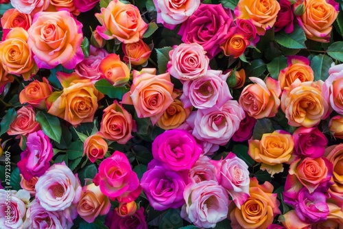 A bouquet of roses in various colors, including pink, orange, and yellow