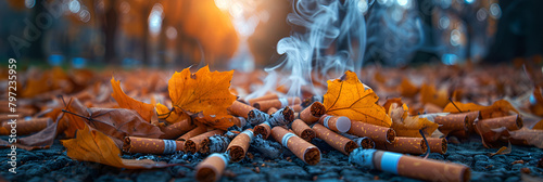 autumn leaves in the woods,
Discarded Cigarettes Among Autumn Leaves with Smo photo