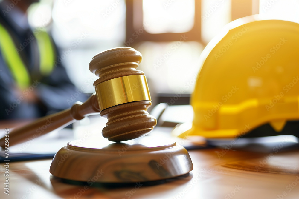 A wooden gavel and sound block on a desk with a yellow safety helmet in the background, signifying legal aspects of construction and safety regulation A wooden gavel and sound block on a desk with a yellow safety helmet in the background, signifying legal aspects of construction and safety regulation