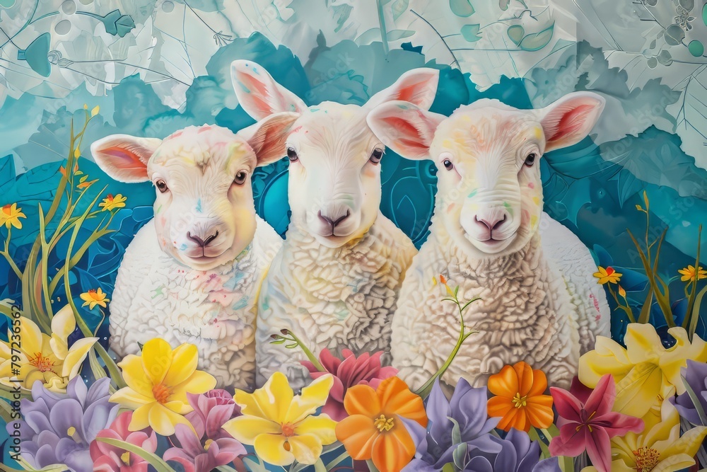 Fototapeta premium Easter art with 3 lambs. Sheep. Happy easter