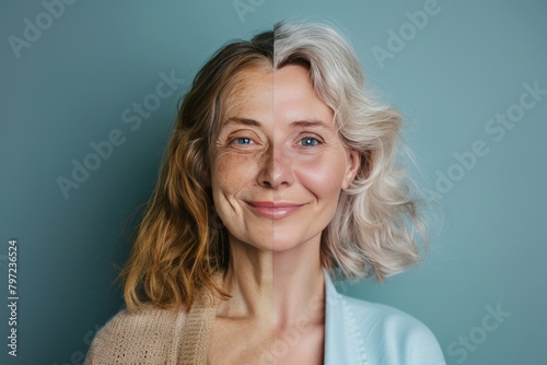 Proactive skincare familial relationships spotlighting aging reductions, aging skincare sciences conceptualizing in spectra, life revitalizations cosmetically enhancing faces in neutral backgrounds. photo
