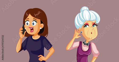 Curious Elderly Lady Overhearing a Phone Call vector Cartoon. Old woman hearing some secrets over the phone from her daughter in law
 photo