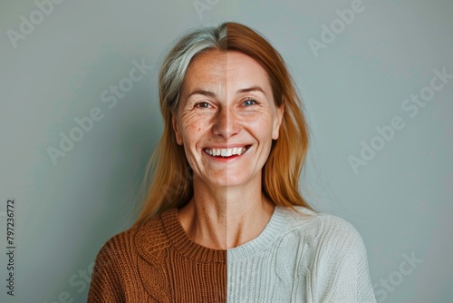 Age skin dividing resilience in split photo representations, tonal portraits reversing ages in blond haired contexts, facial evenness halfing skincare innovations for young adults. photo