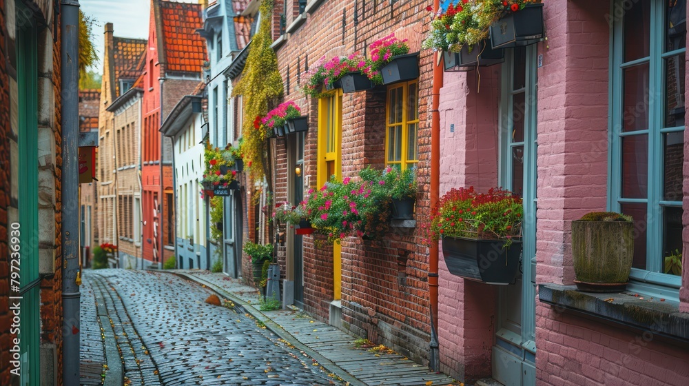 Alleyway with beautiful flower decorations in front of the house, and classic stone paving road. Bavarian style house residence.