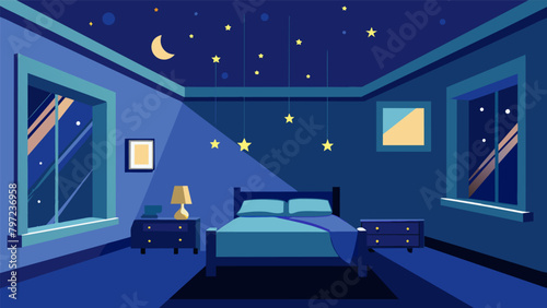 A bedroom with a ceiling covered in fiber optic stars giving the illusion of sleeping under a starry night sky.