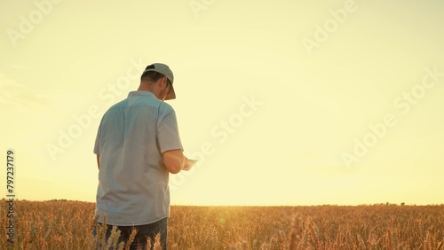 Farmer with computer tablet evaluates wheat sprouts in field, sun. Technology, agriculture business. Farmer, businessman working on field with digital tablet agriculture. Grow Ecologically clean grain