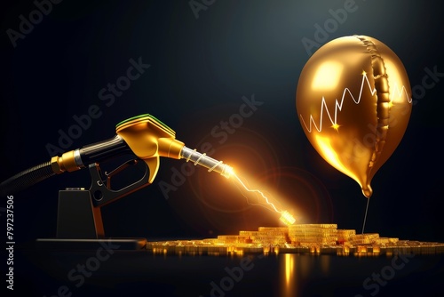 Person using a gas pump to inflate a golden balloon shaped like a stock chart, A satirical representation of the inflation of oil prices and its impact on the market photo