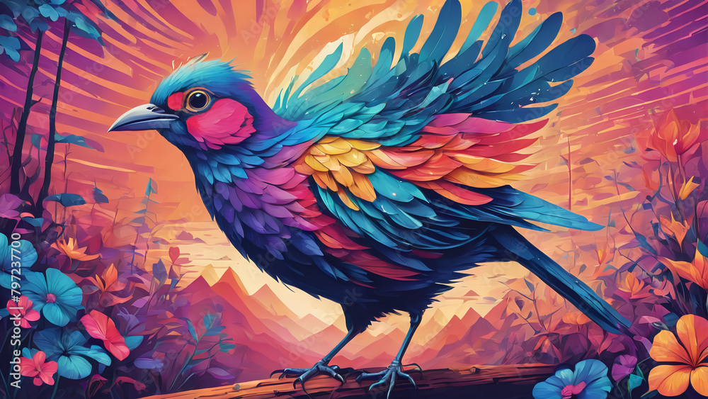 2D colorful psychedelic flat Illustration of bird 2D colorful psychedelic flat Illustration of bird