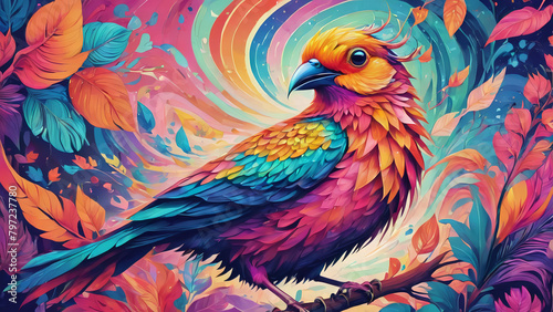 2D colorful psychedelic flat Illustration of bird