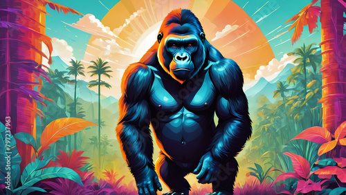 2D Psychedelic vibrant colorful Flat Illustration of Gorilla