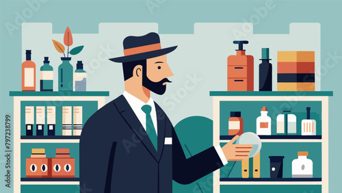 A stylish man wearing a fedora hat and a tailored suit browsing through a selection of organic and natural grooming products at a vintageinspired.