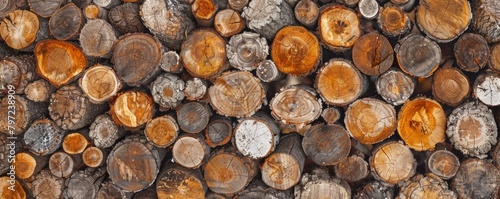 Overhead view of a neatly stacked pile of firewood  showing the patterns of cut tree logs