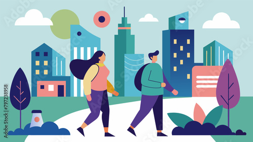 Surrounded by the sounds of the city they walked through the streets talking about the changes theyve noticed in each other and themselves.. Vector illustration