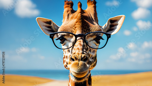 Summervibe Close Up Giraffe Wear Glasses on Blue Background photo