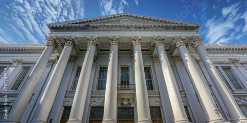 Majestic Pillared Skyscape: A remarkable tall building with an abundance of pillars, reaching for the sky and leaving an indelible mark on the cityscape. photo