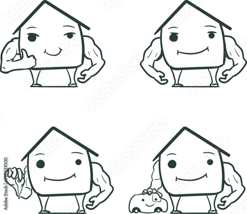 A set of four stickers in the form of building characters with muscular arms. One of them holds the key to the property in his hand. Another character put his hand on a car friend.