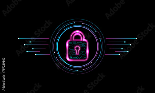 Cyber security concept. Locks on technology and dark background. Hacker protection and viruses on the Internet.