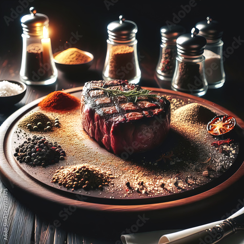 Gourmet Grilled Steak with Aromatic Spices on a Wooden Platter (ID: 797239375)