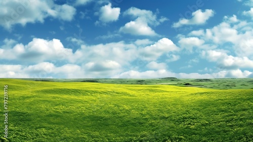 View of a wide green meadow with a clear sky in the background