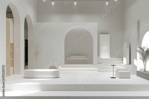 A minimalist product exhibition stage with clean lines and understated elegance, creating a sophisticated backdrop for showcasing premium merchandise and luxury brands. 