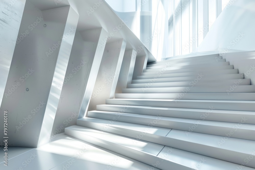 Fototapeta premium A white staircase with a white wall in the background
